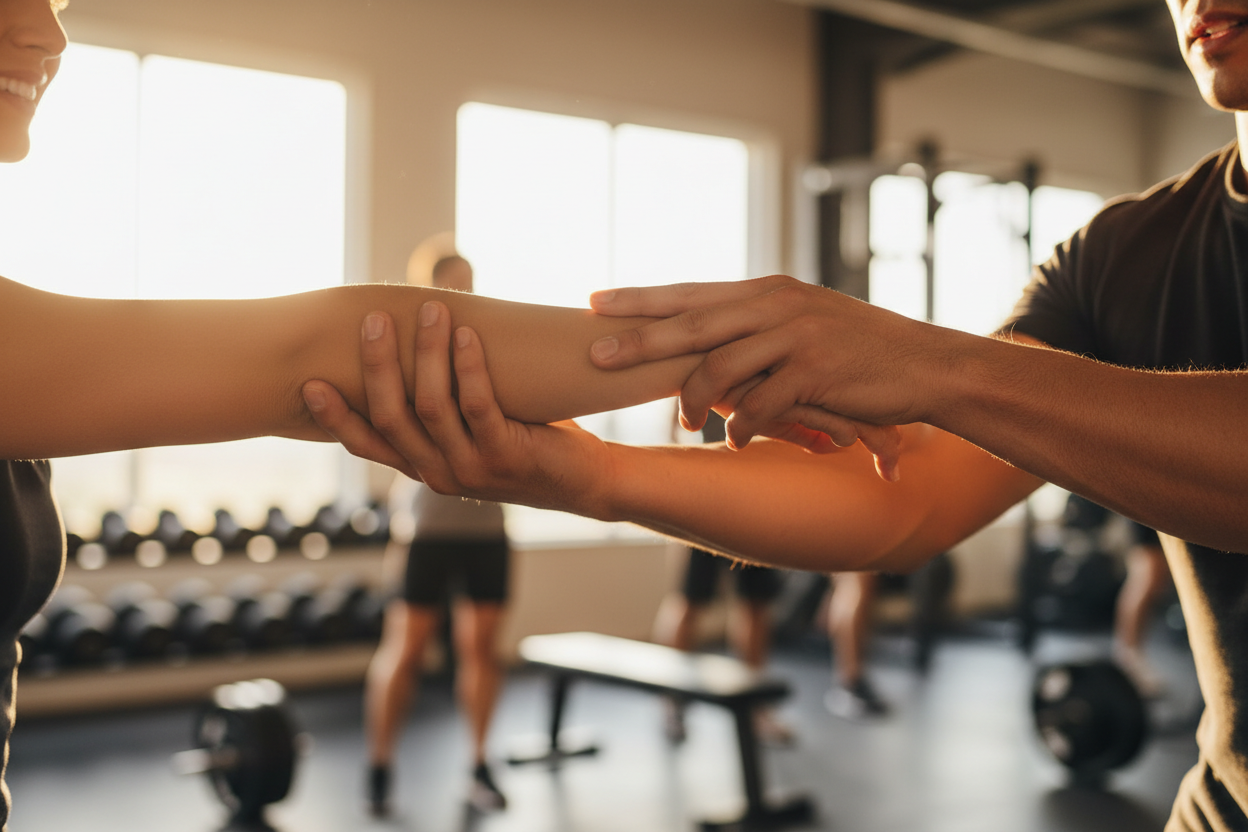 A close-up action shot in a gym showing a fitness trainer assessing a client's forearm and elbow, with other gym equipment and people blurred in the background.